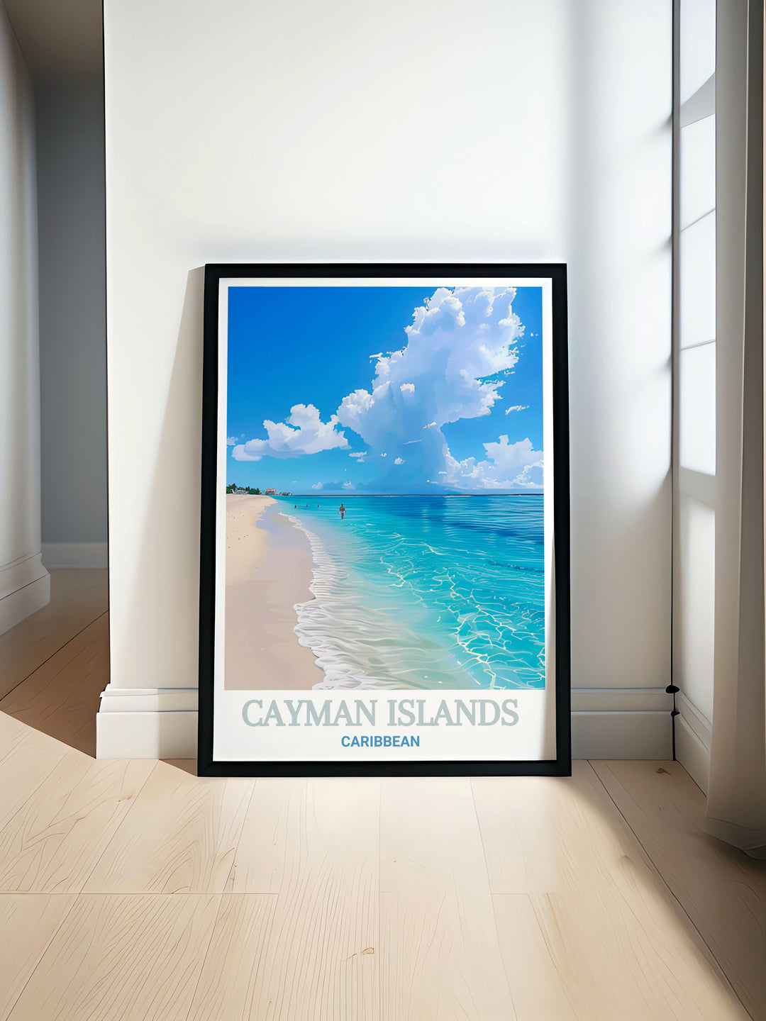 Seven Mile Beach travel poster featuring a stunning black and white Cayman Islands print perfect for home decor and gifts showcasing the tranquil beauty of the Caribbean and offering a timeless and captivating design for any space