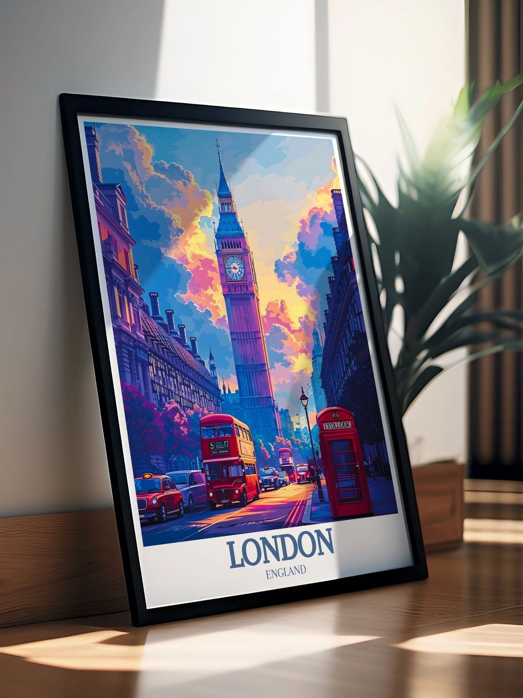 Big Ben and London Eye modern decor art showcasing the detailed and captivating representation of Londons famous landmarks. This artwork adds a chic and elegant touch to your living space with its stunning and vibrant depiction