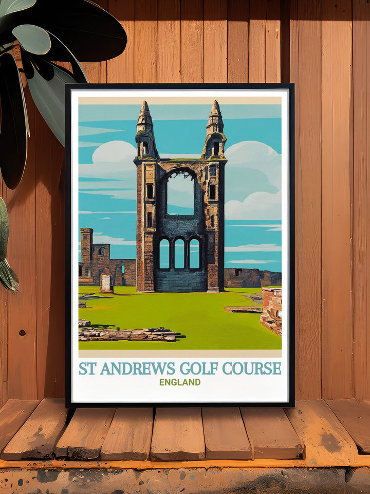 St Andrews travel poster highlighting the famous Golf Course and the ancient Cathedral. The vibrant colors and intricate details make this print a standout addition to any UK art collection, ideal for those who love Scotlands cultural landmarks.