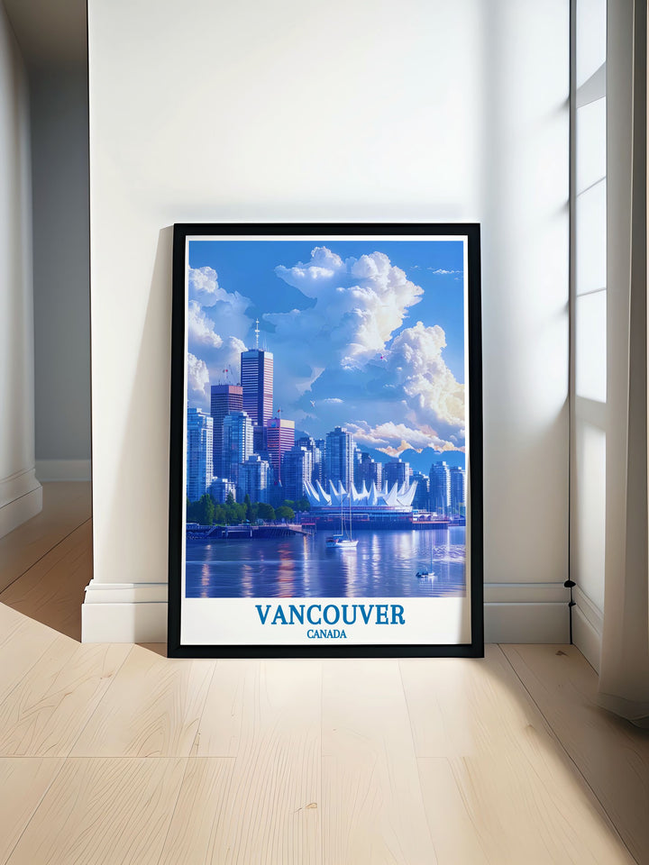 Enhance your home decor with this travel print of Canada Place. The detailed illustration and vibrant colors capture the modern elegance and cultural significance of this iconic Vancouver landmark.