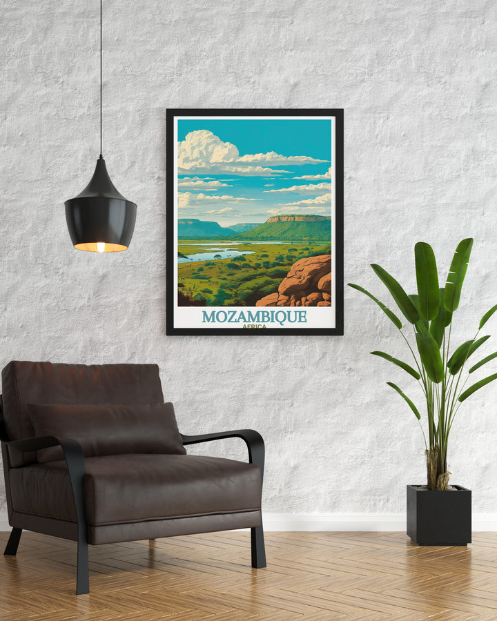 Mozambique Poster Print featuring Gorongosa National Park, showcasing the sprawling savannas and rich biodiversity of Mozambiques iconic national park. This vibrant artwork highlights the parks revival and celebrates its significance in African conservation efforts.