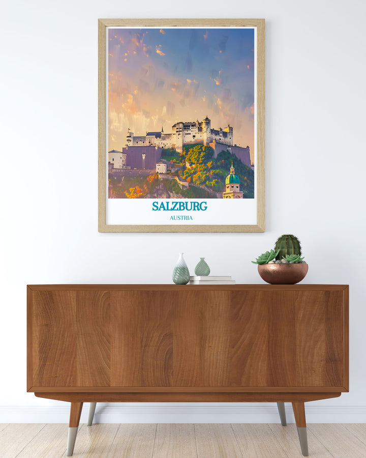 Vintage Travel Print of Salzburg featuring Zauchensee Ski Resort and Hohensalzburg Fortress designed to elevate your decor with stunning modern art and elegant wall decor inspired by Austria’s rich history and winter sports culture