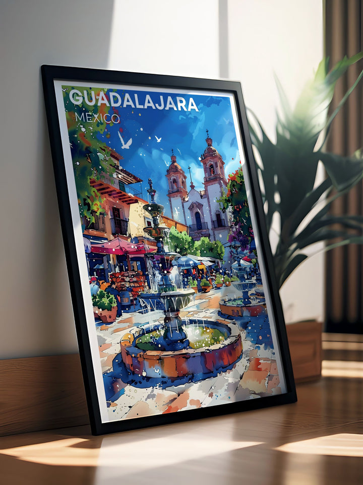 This travel poster of Guadalajara features the dynamic street scenes and colorful murals, bringing the citys vibrant spirit into your home decor.