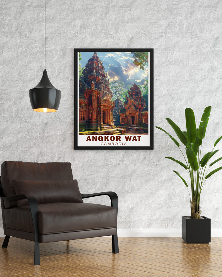 Celebrate the ancient wonders of Cambodia with this stunning Angkor Wat and Banteay Srei travel print. Featuring intricate carvings and majestic temple spires, this poster offers a timeless representation of Cambodias rich history, perfect for wall art in homes, offices, or galleries.