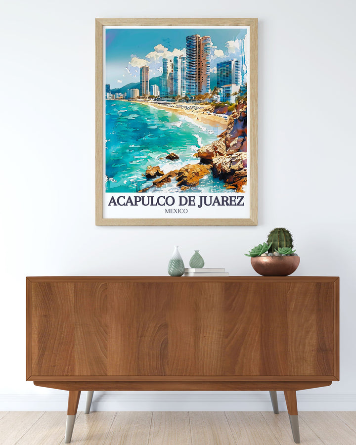 Experience the blend of urban sophistication and coastal charm in Acapulco de Juárez through this poster, highlighting its iconic landmarks and scenic beauty.