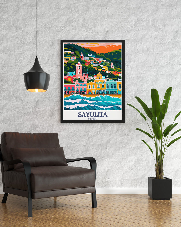 This Sayulita poster print showcases the vibrant Main Street and serene Sayulita Beach. Ideal for coastal decor enthusiasts, the travel print captures the lively energy of this Mexican beach town. Perfect for adding a tropical touch to any living space.