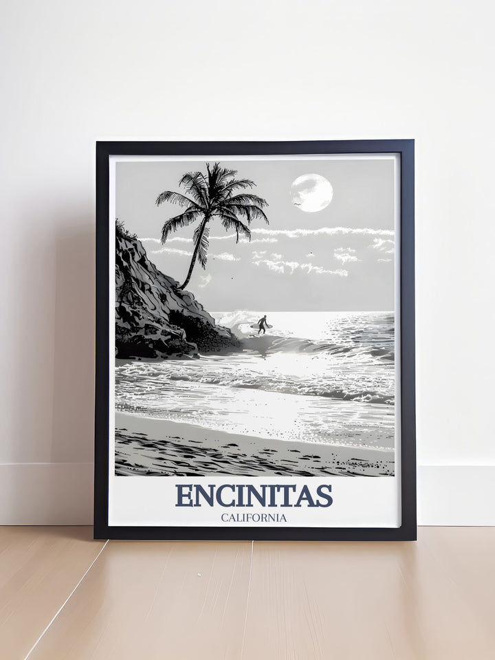 Encinitas poster featuring Moonlight Beach, Swamis Surf Spot offering a detailed city map and skyline ideal for wall art and personalized gifts stunning prints that capture the beauty of the coastal lifestyle