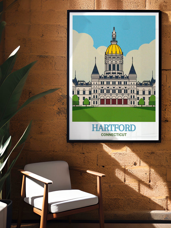 Connecticut State Capitol modern art print with a vibrant Hartford street map in fine line detail. This stunning piece of wall art is ideal for enhancing living room decor with colorful art that celebrates Hartfords unique character.