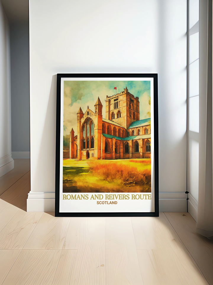 Romans and Reivers Route poster print highlighting the beauty of Hexham Abbey and the Scottish Borders perfect for fans of hiking Scottish trails and vintage travel prints this stunning wall art makes a wonderful gift for any travel or history enthusiast.