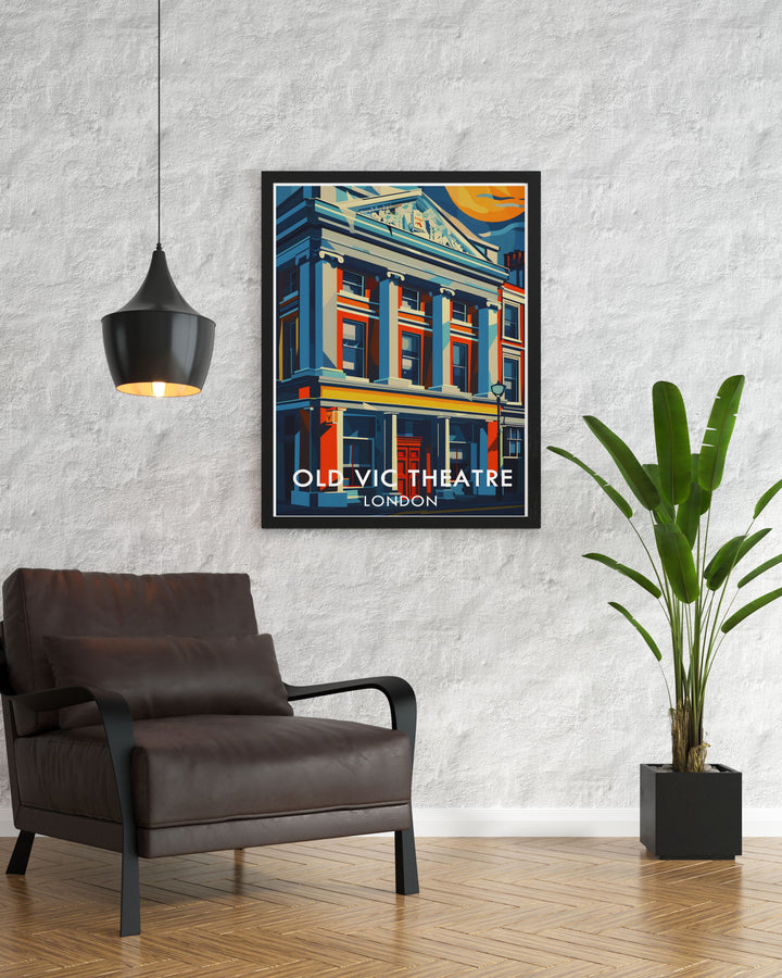 Featuring The Old Vic Theatres iconic exterior facade, this London travel poster is perfect for any theatre lover. The retro design and vibrant colors create a timeless art print that complements both modern and vintage decor styles. A must have for fans of Londons National Theatre.