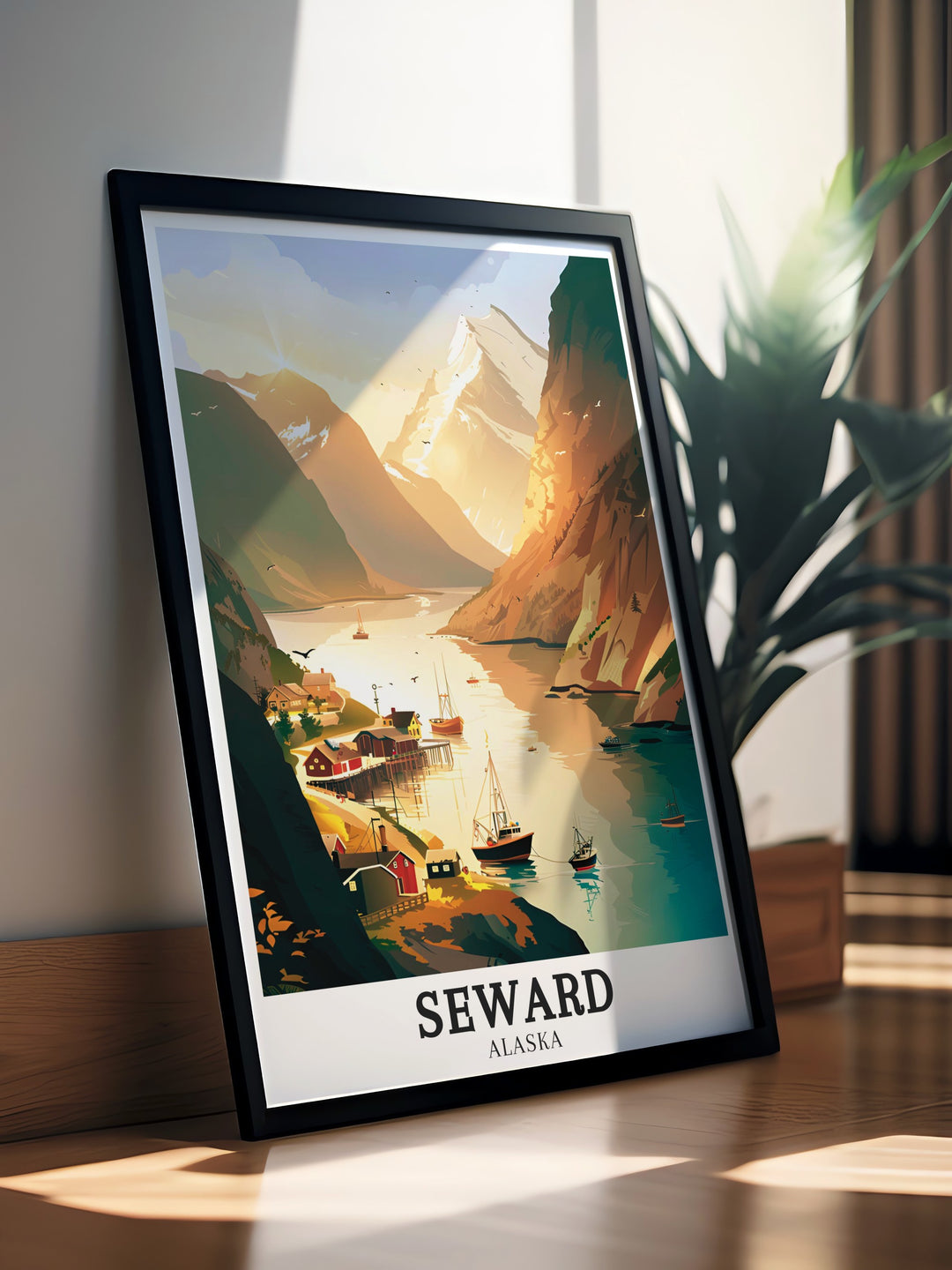 Elegant Mount Marathon artwork showcasing the rugged mountain and the picturesque Resurrection Bay. The detailed print brings the wild landscapes and tranquil waters of Seward into your living space, making it a cherished piece for Alaska art lovers