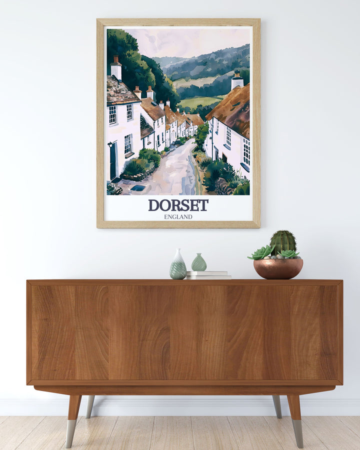 Gold Hill in Shaftesbury is highlighted in this travel poster, capturing its historic charm and the timeless beauty of English village life, perfect for enhancing your living space.