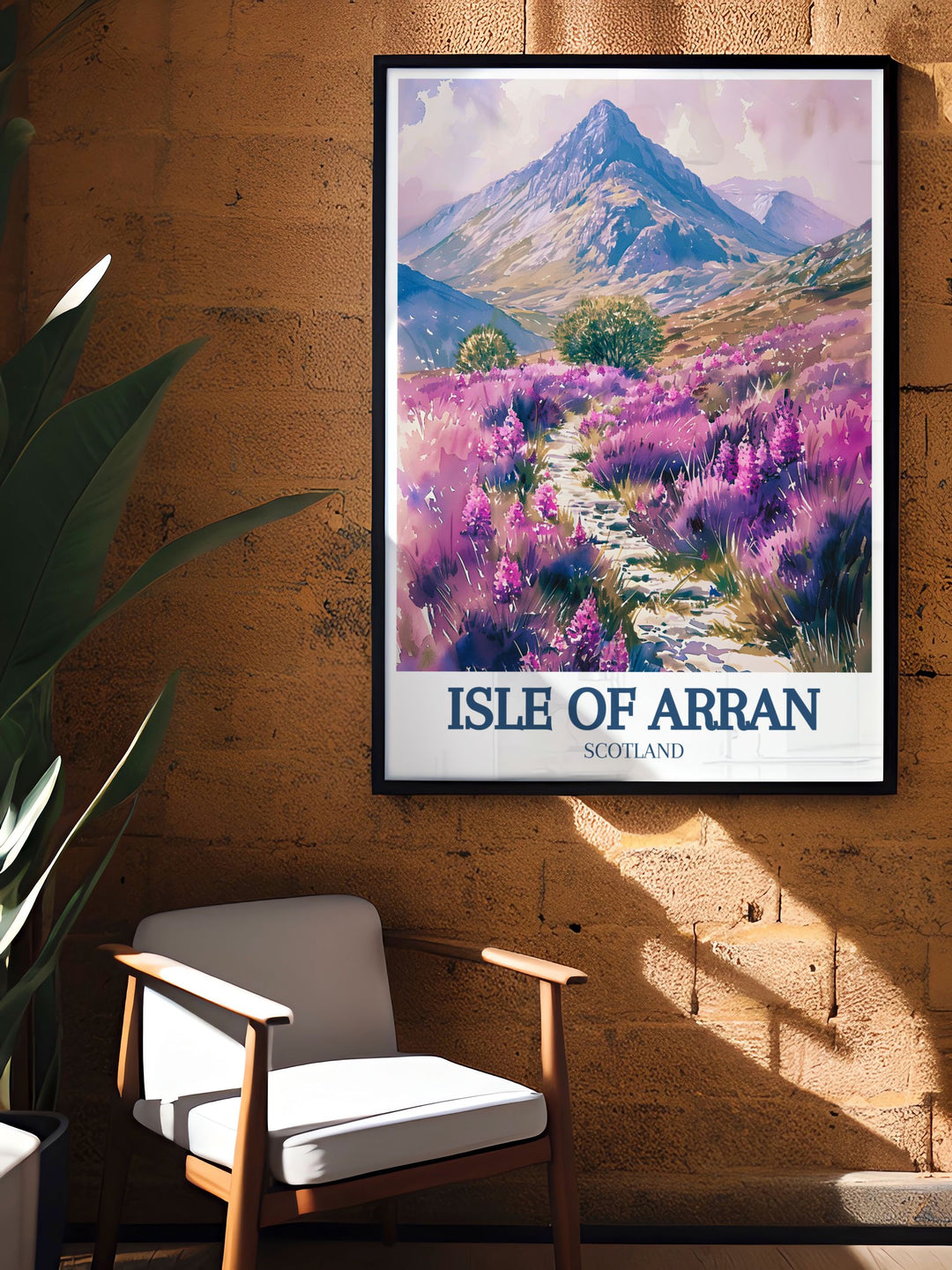 A stunning wall art piece showcasing the breathtaking beauty of Glen Rosa at sunset. The vibrant hues and serene landscapes invite viewers to reflect on the magic of the Isle of Arran, making it a perfect addition to any decor.