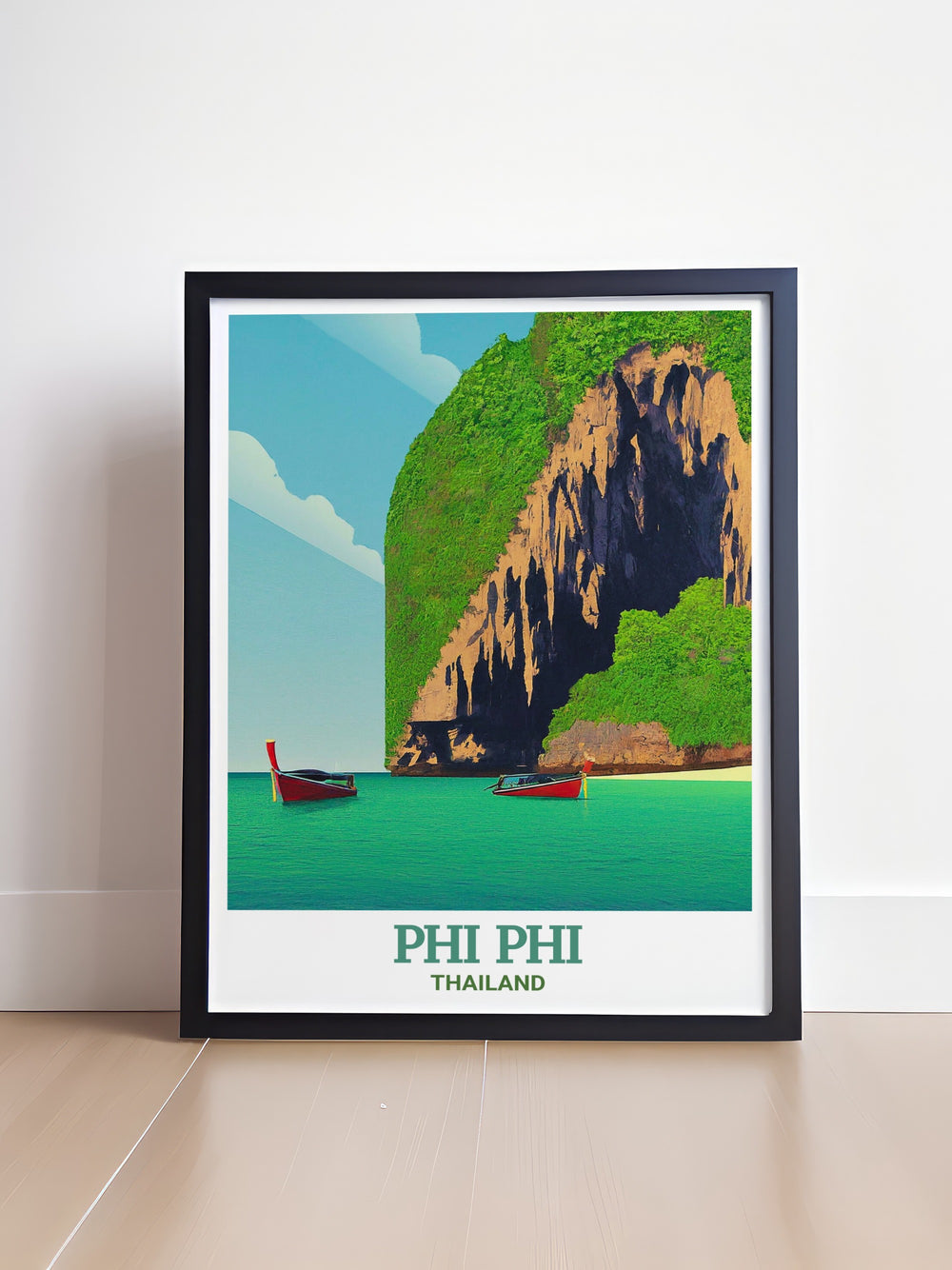 Phi Phi wall print featuring the stunning Viking Cave, a natural wonder of Thailands Phi Phi Islands, with its deep cultural significance and picturesque setting. This travel poster is perfect for adding a touch of exotic elegance to your home decor.