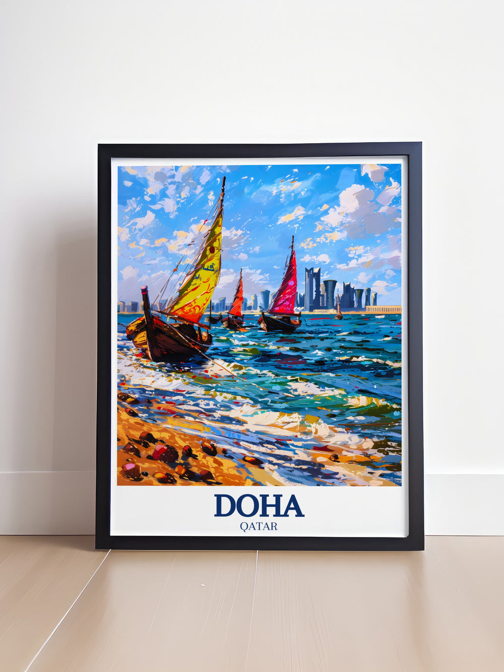 The striking Doha skyline is showcased in this wall art, capturing the essence of Qatars modern architecture blended with cultural heritage, making it a sophisticated addition to any contemporary space.