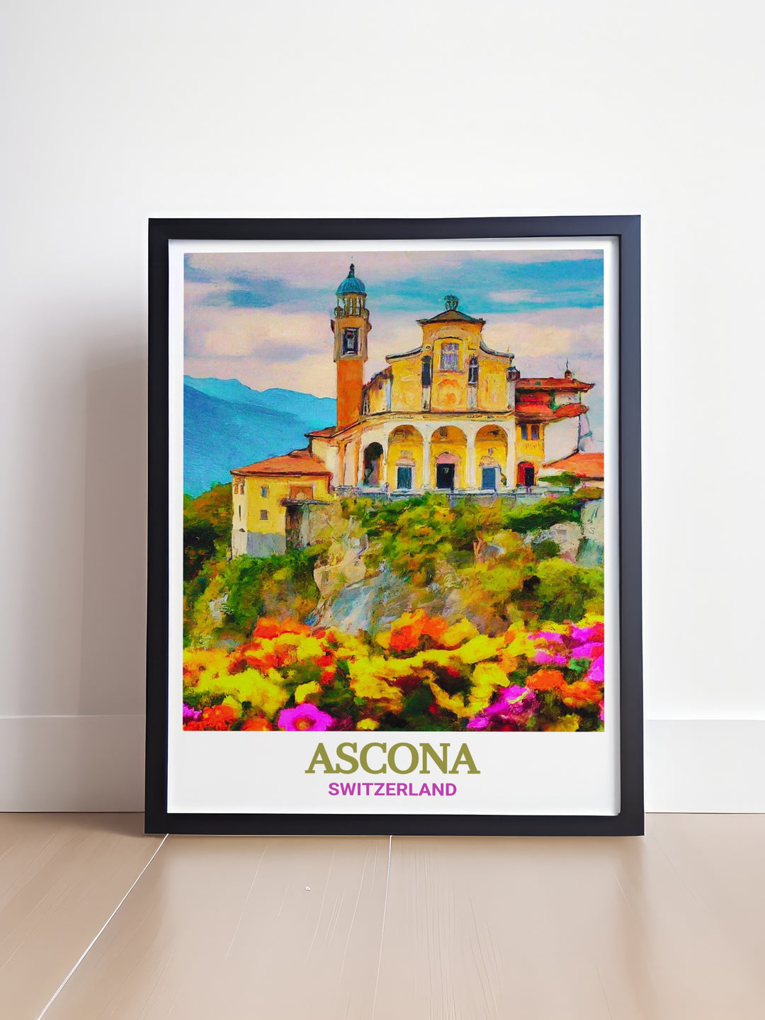 Ascona poster print featuring Madonna del Sasso and Lake Maggiore, perfect for adding Swiss elegance to any room. A timeless piece that blends natural beauty with historical charm.