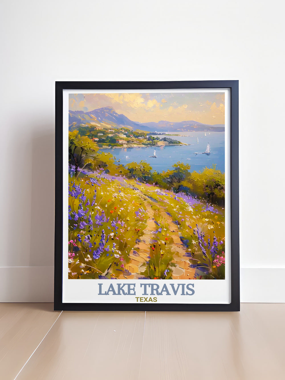 This stunning Lake Travis travel print showcases the natural beauty of Texas. The artwork features vibrant colors capturing the essence of Lake Travis, making it a perfect piece for any home or office décor. The detailed portrayal of this serene location adds a calming presence to any room.