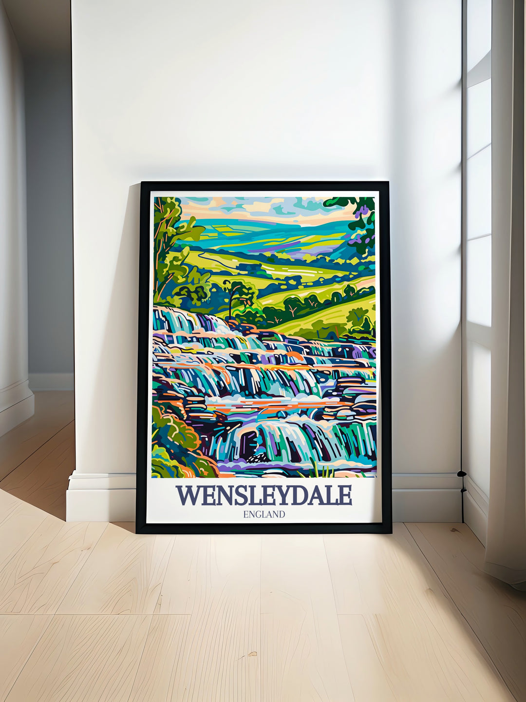 This retro travel print of Wensleydale showcases the stunning Aysgarth Falls in North Yorkshires Yorkshire Dales. With its vintage design and natural beauty, this poster is perfect for anyone looking to bring the tranquility of the countryside into their home décor.