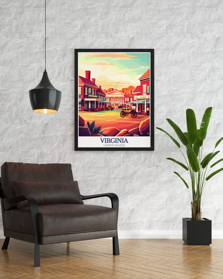 Elegant Richmond Print featuring vibrant artwork and Colonial Williamsburg Historic Triangle themes, ideal for travel poster prints, personalized gifts, and wall art that celebrates the unique beauty and history of Richmond and its surroundings.