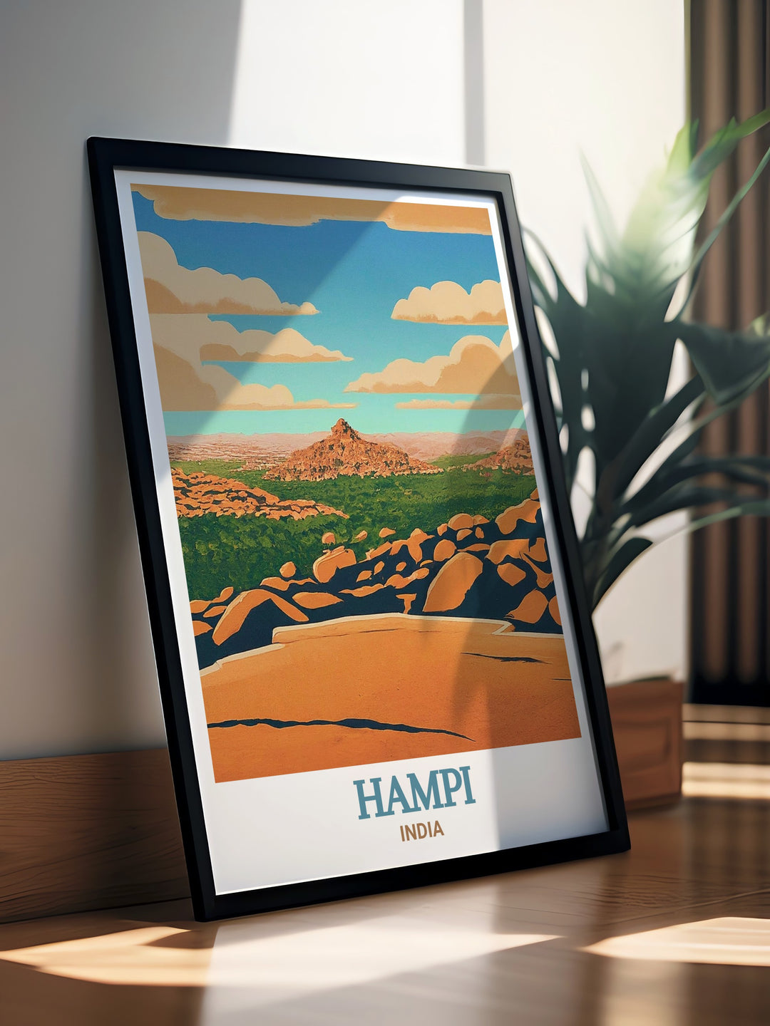 Hampi wall art featuring the captivating sunrise over Matanga Hill. The detailed depiction of ancient ruins and vibrant colors make this print a beautiful addition to any home decor, celebrating the historical charm of Hampi.