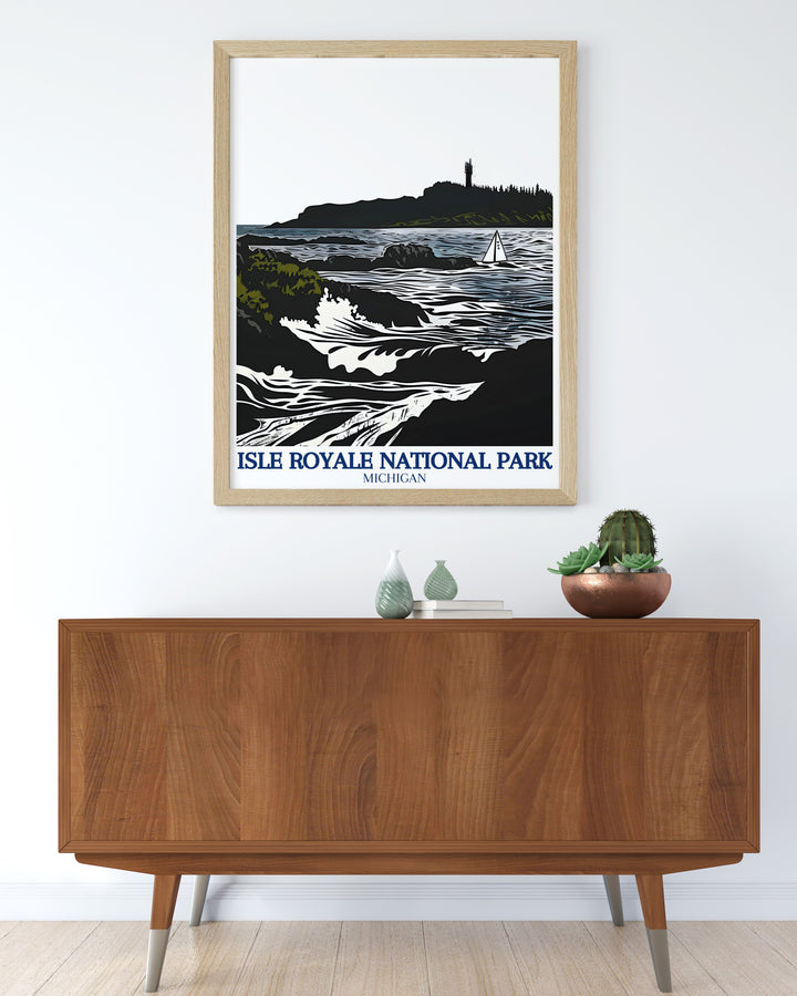 This captivating travel print highlights the scenic views of Windigo Harbor, where lush forests meet the crystal clear waters of Lake Superior. The artwork beautifully captures the essence of Isle Royale, making it an ideal addition to any nature lovers collection.