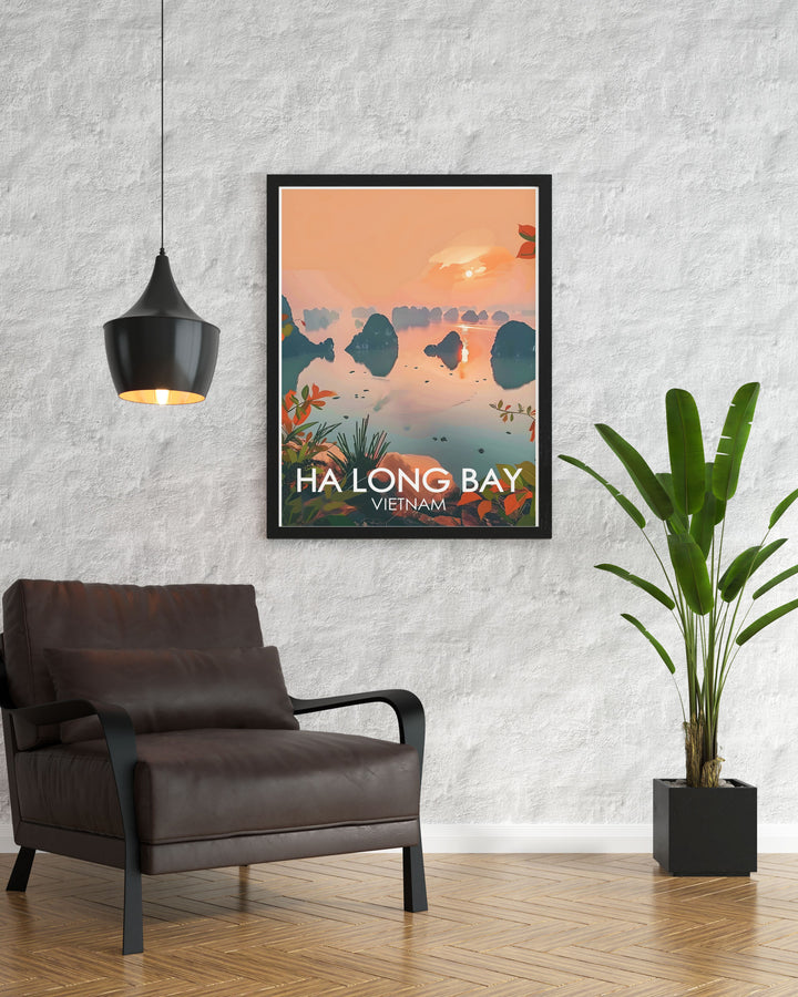 This Ha Long Bay Vintage Poster offers a classic view of Dragon Tails Island and the surrounding bay, beautifully capturing the essence of one of Vietnams most beloved natural wonders. Perfect for vintage art lovers and world travelers alike.