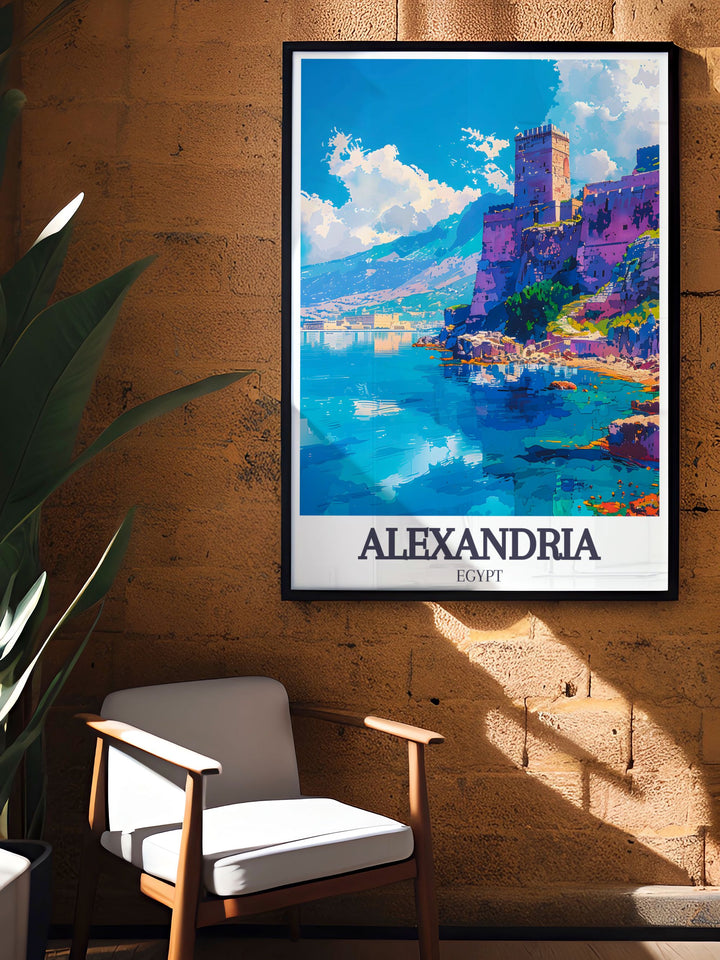 Celebrate the historical landmarks of Alexandria Egypt with a detailed art print of the Citadel of Qaitbay Pharos Lighthouse. This poster is an excellent choice for those looking to add a unique and meaningful touch to their home decor or for gifting to friends and loved ones.