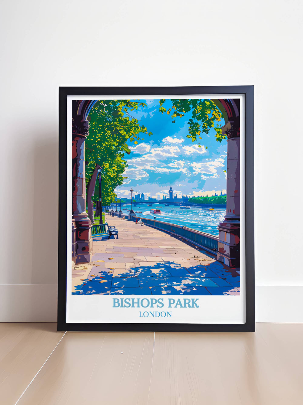 Captivating print of Londons Thames River capturing the essence of its river walk and surrounding natural beauty.