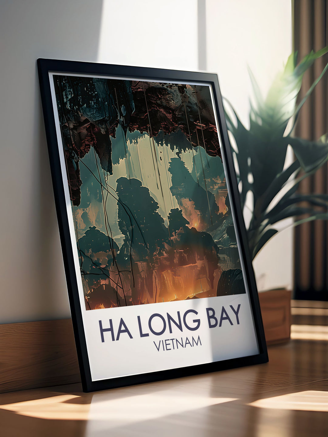 This detailed illustration of Ha Long Bay features the breathtaking Surprising Cave and its magical underground formations, offering a captivating view of one of Asias most beautiful destinations.