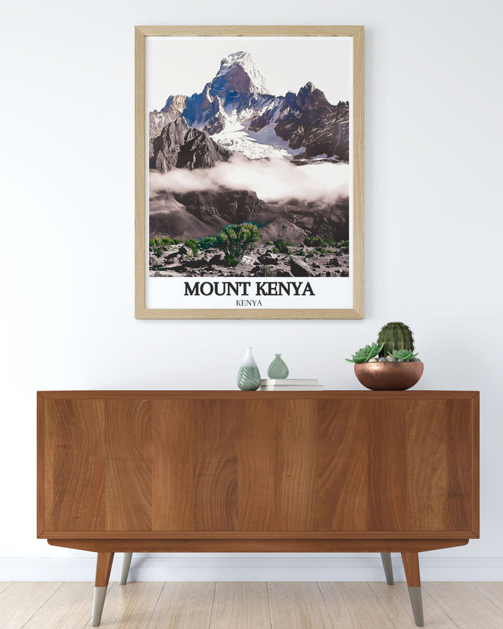 Travel poster print of Mount Kenya National Park with Sirimon Route perfect for enhancing your home decor or office space vibrant colors and intricate details ideal for art collectors and nature lovers