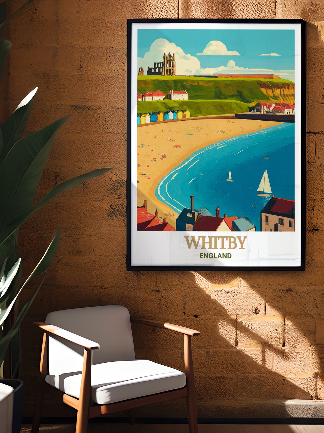 Whitby Beach vintage print showcasing the wide stretches of sand and the historic backdrop of Whitby Abbey. This framed artwork brings the tranquil beauty of the Yorkshire coast into your home, ideal for coastal themed decor.