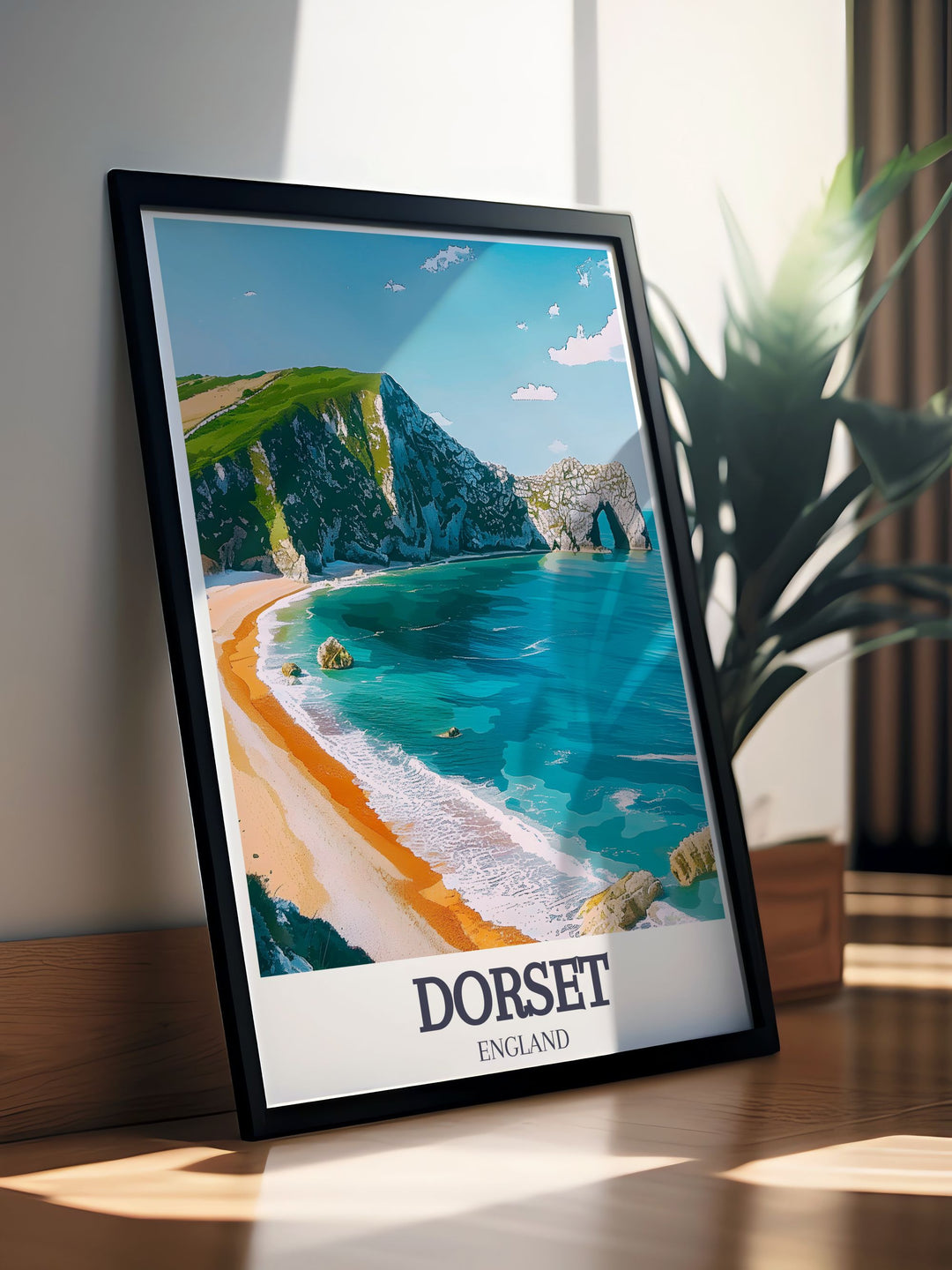 Featuring the iconic Durdle Door, this art print highlights the dramatic limestone arch and its historical significance, making it ideal for nature enthusiasts and history lovers.