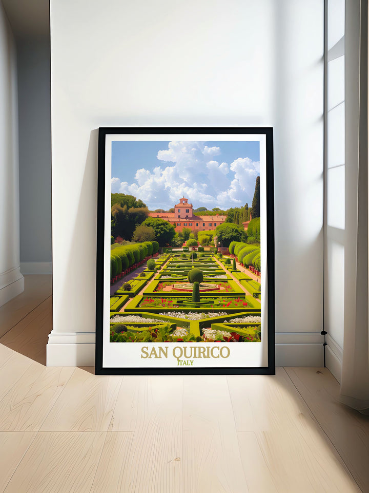 The San Quirico Archway Poster Print features colorful art with stunning details perfect for home decor. Combine it with Horti Leonini modern prints for an elegant living room or gift it to friends who love travel print posters and vibrant wall art.