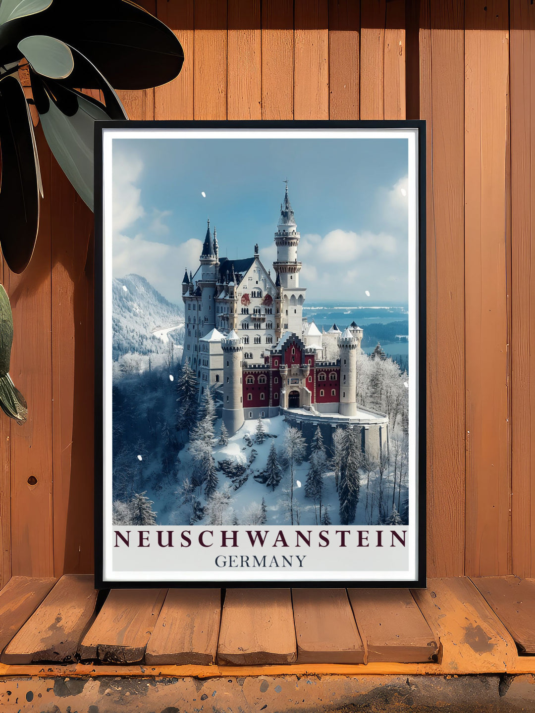 Elegant Neuschwanstein Castle poster perfect for enhancing home decor with its detailed fine line print. This art piece captures the castles beauty and charm.