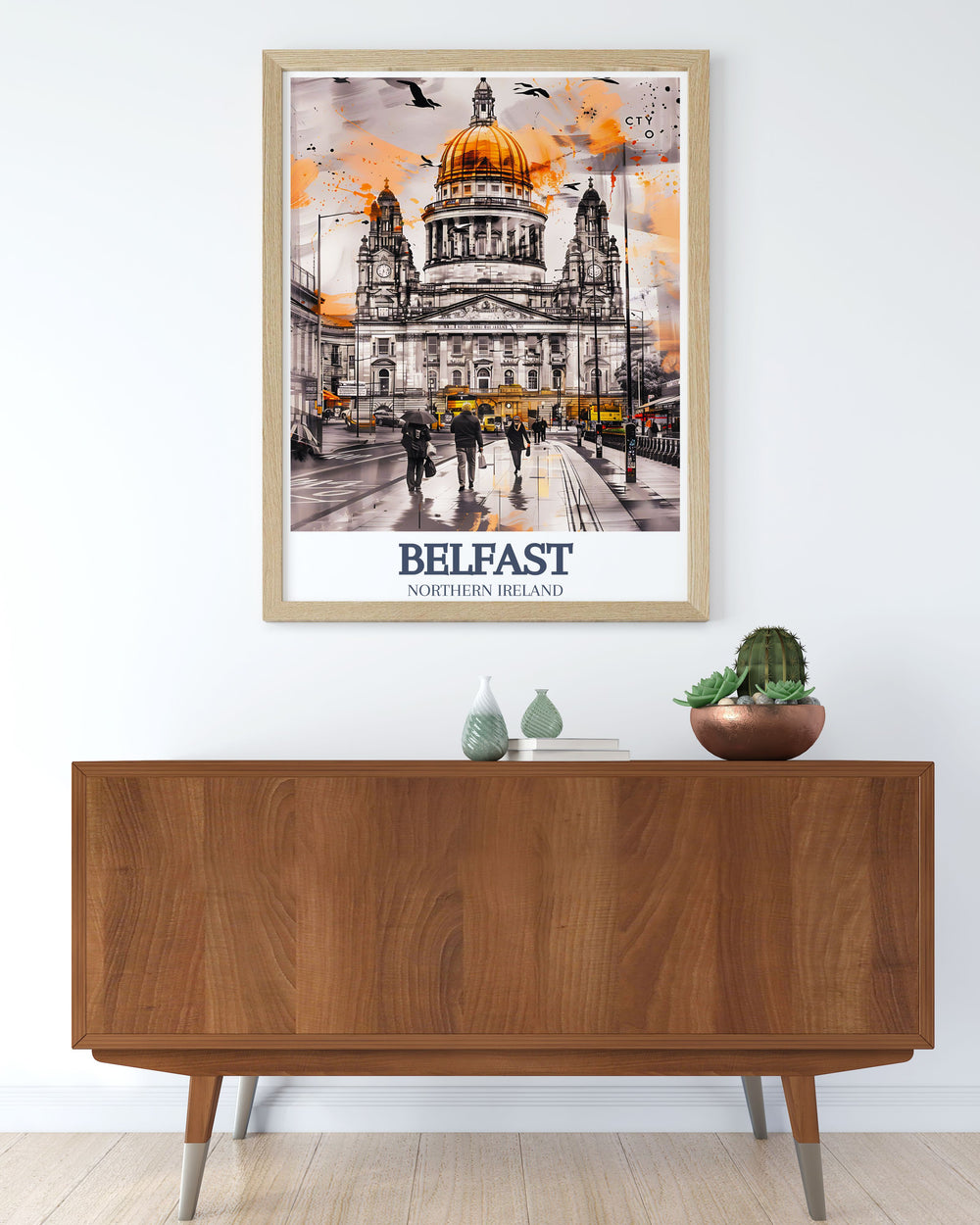Stunning City Hall Donegall Square artwork capturing the grandeur of Belfasts City Hall and the bustling Donegall Square. Ideal as a Belfast wall poster or Ireland poster, bringing a piece of UK wall art into your home.