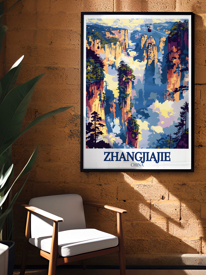 A detailed poster print of Zhangjiajie National Forest, capturing the towering sandstone pillars and dense green forests. This artwork beautifully brings to life the scenic wonder of one of Chinas most famous natural landmarks. Ideal for travelers, nature lovers, or anyone seeking an eye catching piece for their home or office.