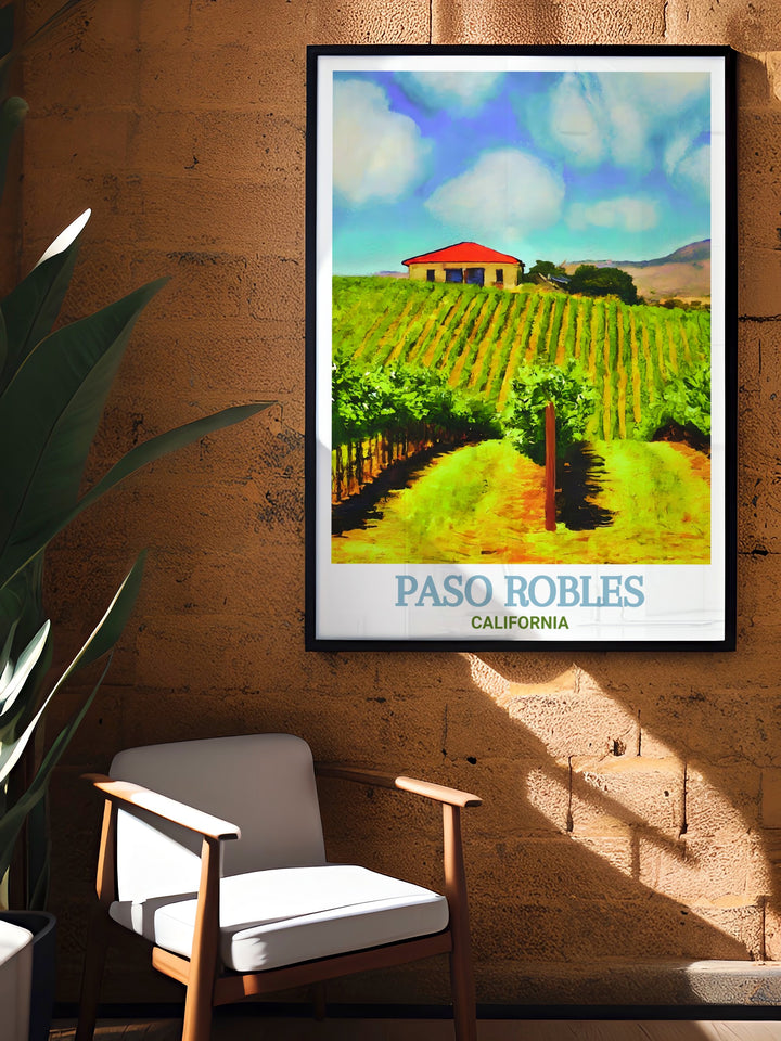 The beauty of Paso Robles Vineyards is perfectly captured in this travel print. With its rich colors and fine detail, this artwork will enhance your home or office, showcasing the serene landscapes of California Wine Country.