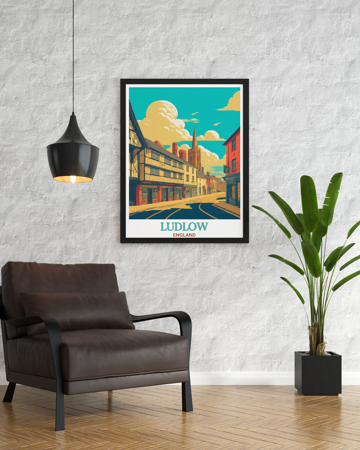 This Ludlow travel poster features Broad Street in all its architectural glory. The detailed depiction of this historic English town makes for a timeless decor piece in any space.