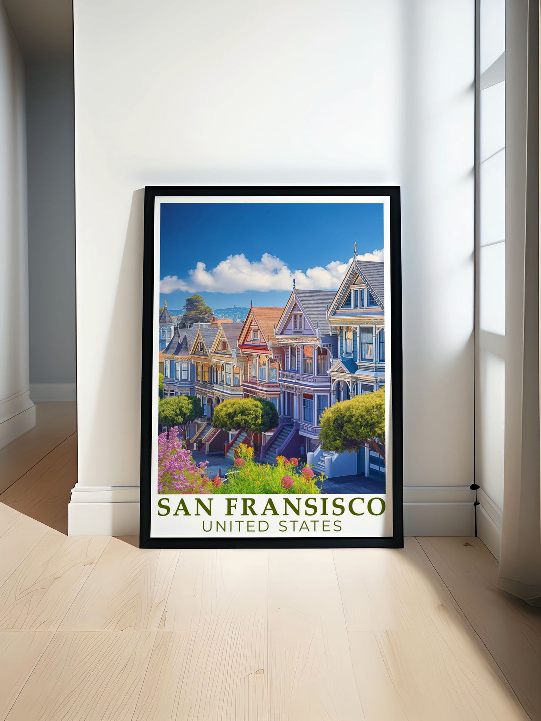 Golden Gate Bridge print featuring The Painted Ladies showcases San Franciscos iconic landmarks perfect for vintage Americana and elegant home decor enthusiasts