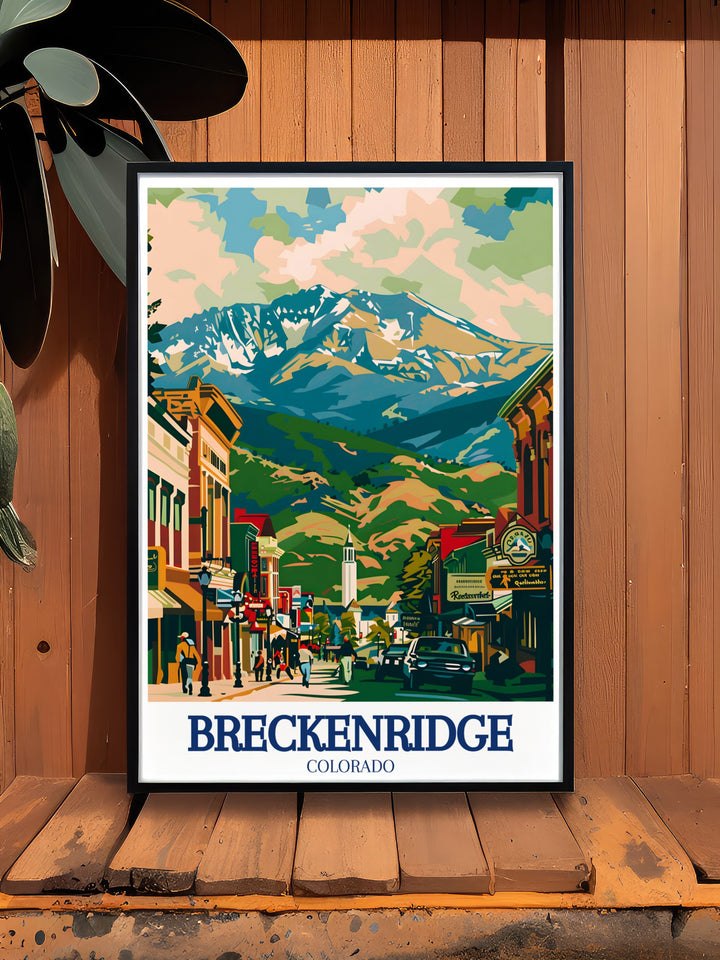 Main Street of Breckenridge wall poster offers a vibrant and colorful depiction of this historic town, with its snowy streets and alpine surroundings. This travel print brings the magic of Colorados winter wonderland to life, perfect for any art collection.