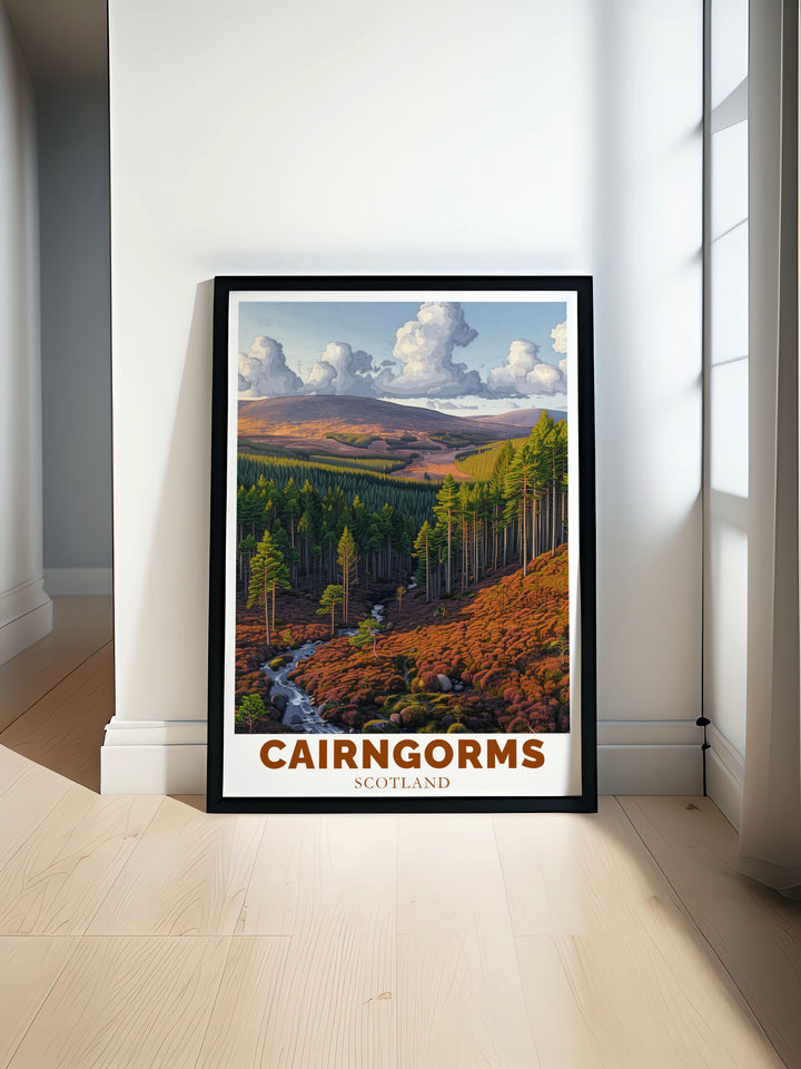 Abstract landscape art of Rothiemurchus Forest showcasing the serene beauty of the Scottish Highlands with modern nature illustrations perfect for enhancing your home decor and bringing the essence of the highlands into your living space