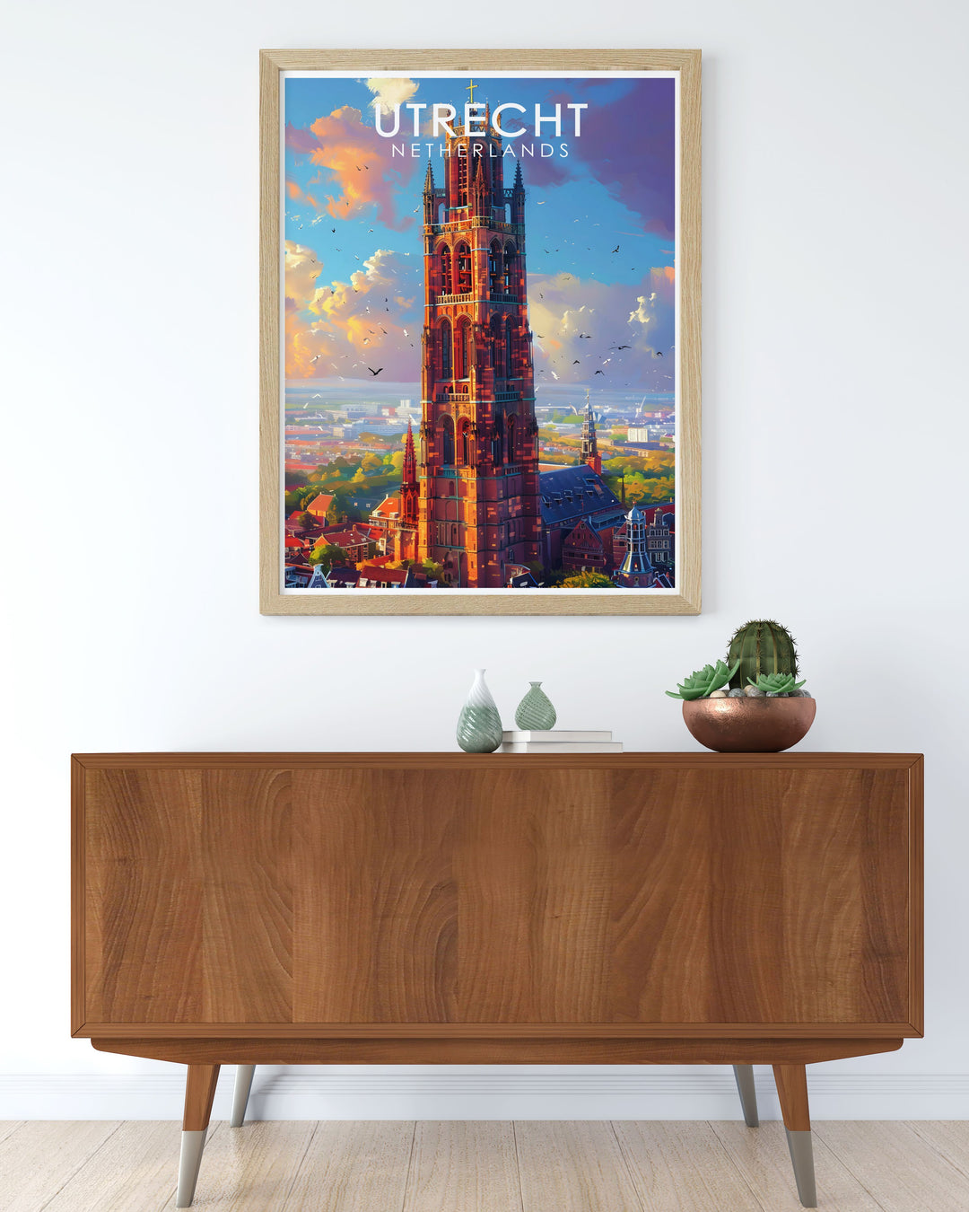 Utrecht wall art featuring the iconic Dom Tower, the tallest church tower in the Netherlands. This travel poster captures the intricate Gothic architecture and historical significance of the landmark, making it a stunning addition to your home or office décor.