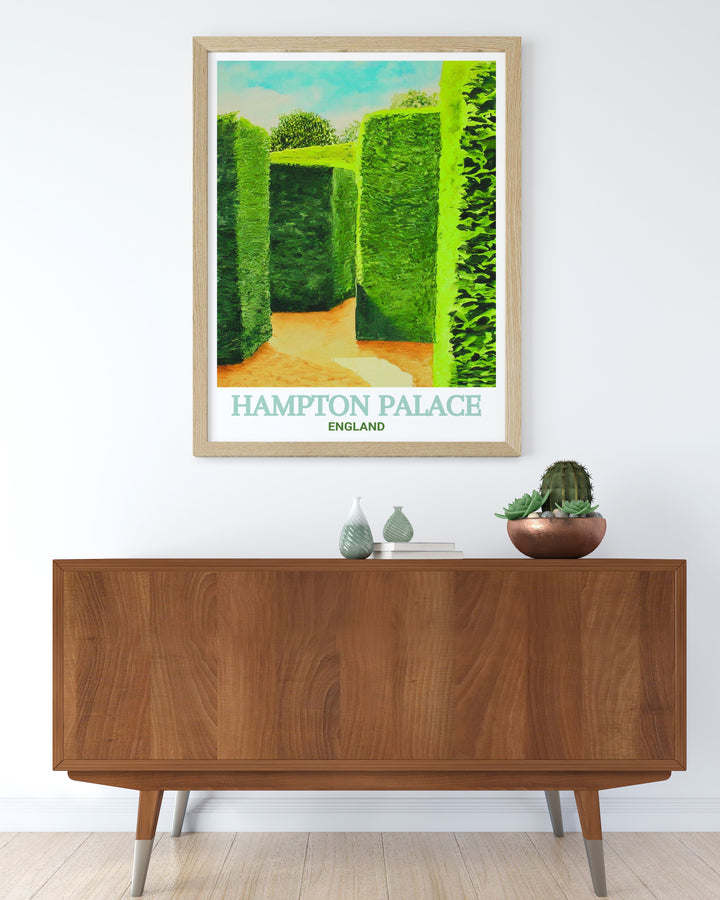 The Hampton Palace travel poster invites you to explore one of Englands most cherished historical sites. The artwork beautifully illustrates the palace against the backdrop of its lush gardens, capturing the essence of English heritage. Printed on high quality paper with fade resistant inks, this poster is perfect for travel enthusiasts and history lovers alike, inspiring wanderlust and appreciation for Englands storied past.