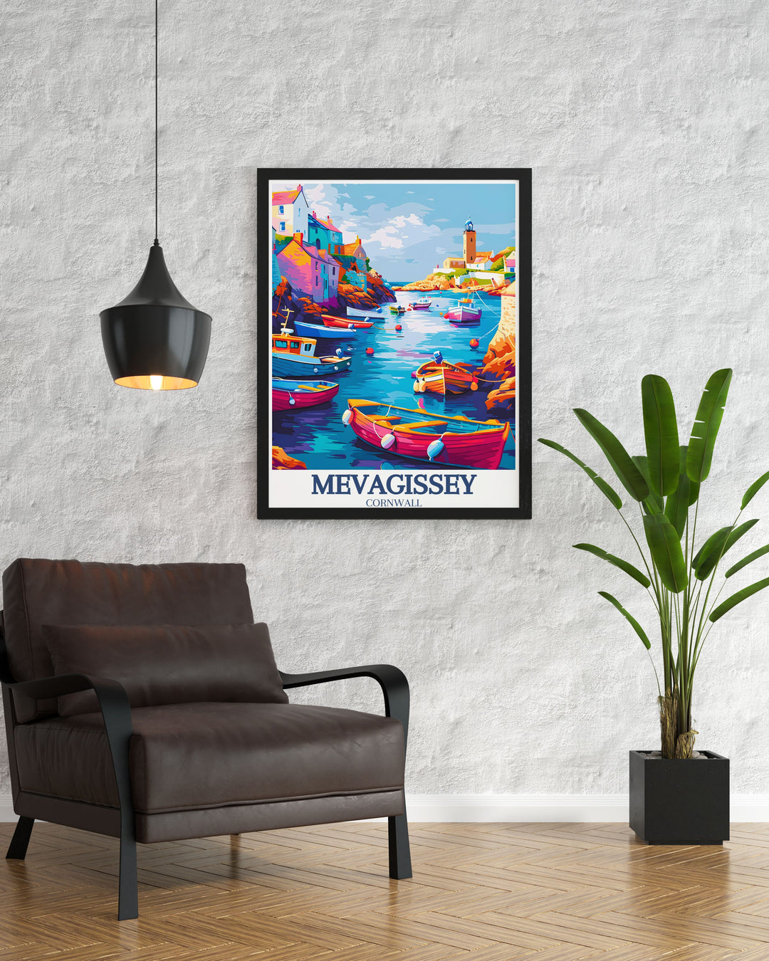 Mevagissey, located in Cornwall, is highlighted in this poster with its iconic Clock Tower and historical St. Peters Church. This artwork beautifully captures the villages unique landmarks and scenic beauty, making it a perfect piece for your home decor.