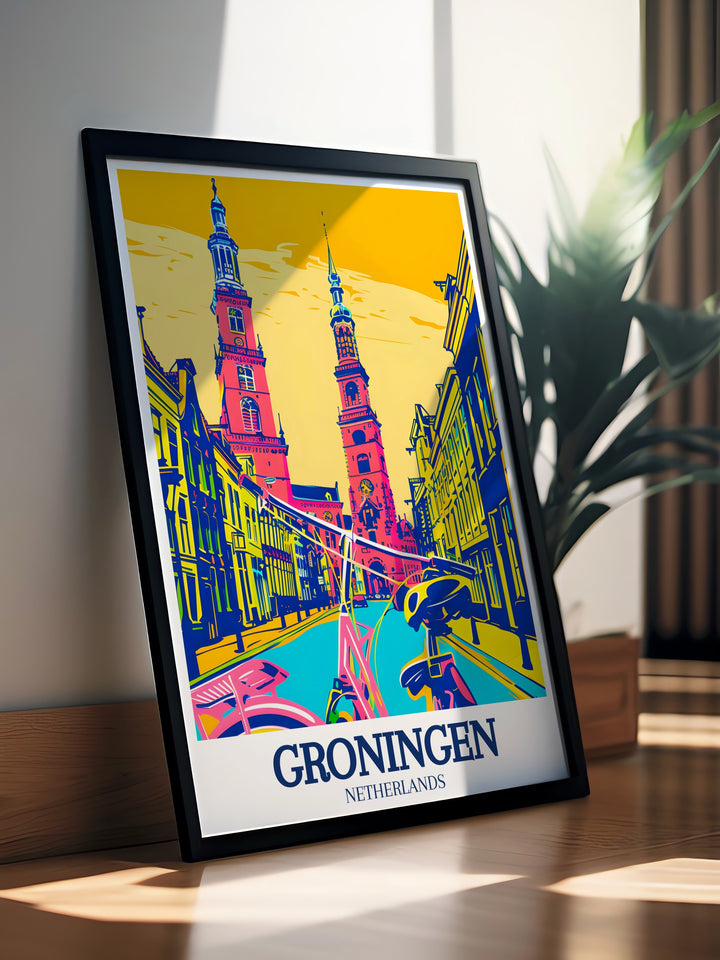 Groningen travel print highlighting the serene landscapes and historic landmarks of Groningen, including the Martini Tower, Aa Church, and University of Groningen. This print is perfect for those who appreciate the beauty of European cities and want to bring a piece of the Netherlands cultural heritage into their home.