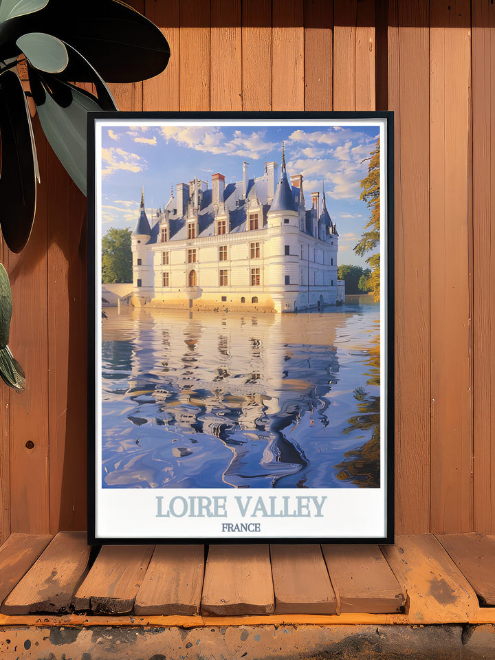 Celebrate the rich history and elegance of the Loire Valley with this stunning art print of Chateau de Azay le Rideau. Perfect for creating elegant home decor and a must have for anyone who loves French culture and picturesque landscapes.