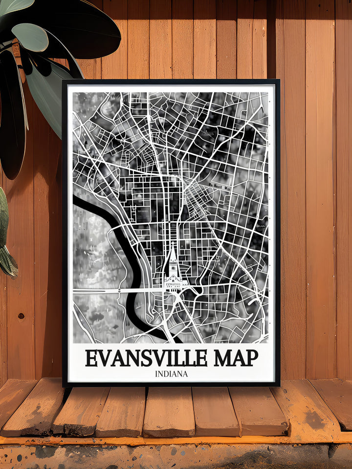 Our Cathedral of Saint Mary poster print celebrates one of Evansvilles most beloved landmarks, set against the backdrop of the citys map. This travel art is perfect for anyone who admires Evansvilles rich history and architectural beauty.