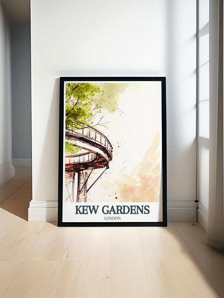 Treetop Walkway Travel Print brings the beauty of Kew Gardens into your home, featuring the Arboretum and iconic Walkway in a minimalist design. This fine art print is an excellent way to celebrate Englands most famous botanical garden, perfect for decorating or giving as a thoughtful gift.