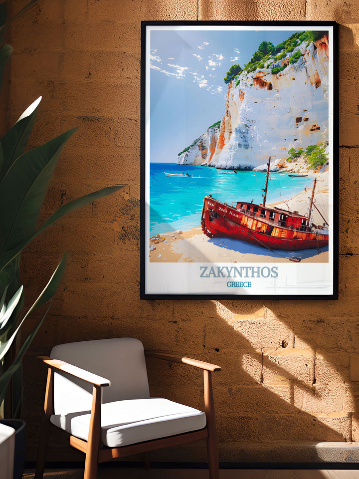 Zakynthos Poster featuring the picturesque scenery of Navagio Beach and the lively streets of Zakynthos Town, ideal for those seeking Greece Island Art to adorn their walls.