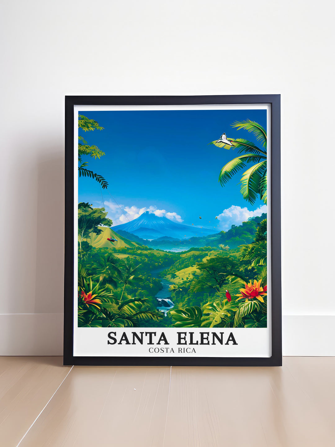 Costa Rica decor featuring Arenal Volcano and Santa Elena Cloud Forest. This elegant art print is a must have for nature enthusiasts and travelers offering a peaceful yet powerful representation of one of Costa Ricas most stunning landscapes.